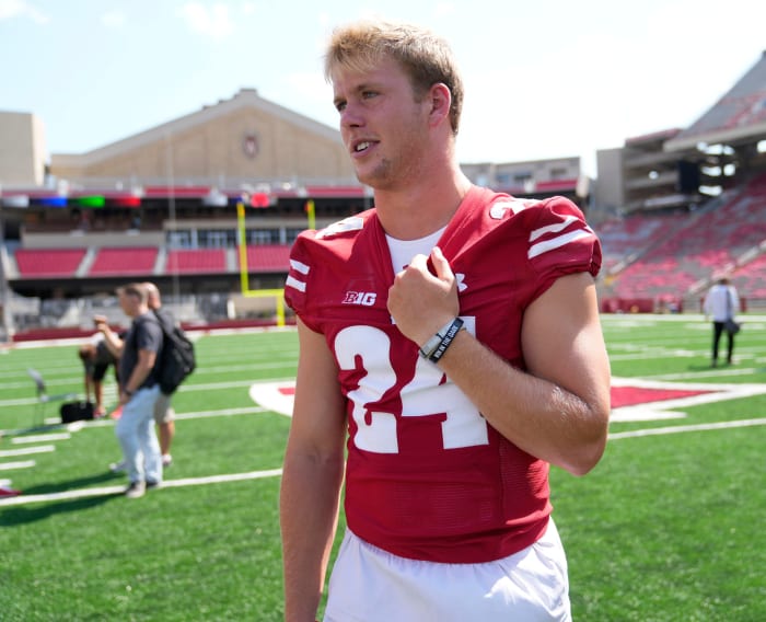 Wisconsin safety Hunter Wohler speaking during local Wisconsin media days.